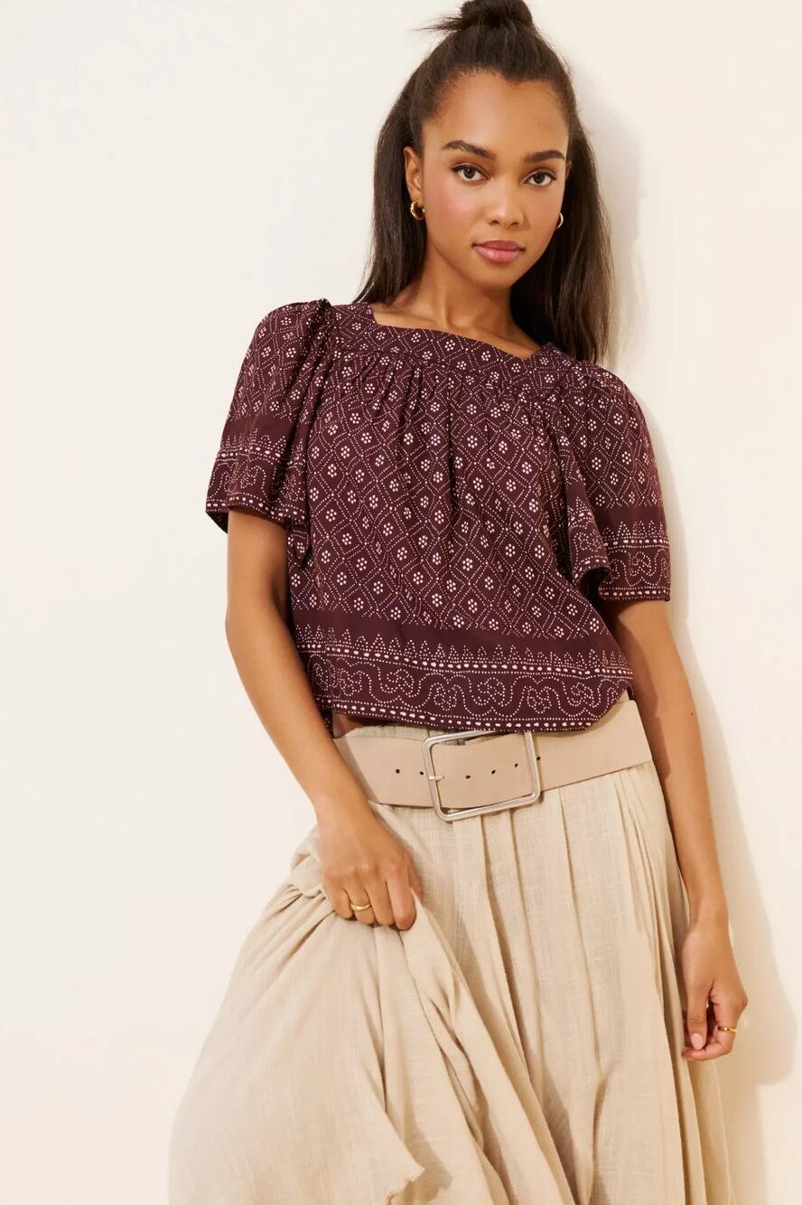 Madewell Flutter Sleeve Floral Blouse Women XL Dusty Plum Square Neck Boxy NV230